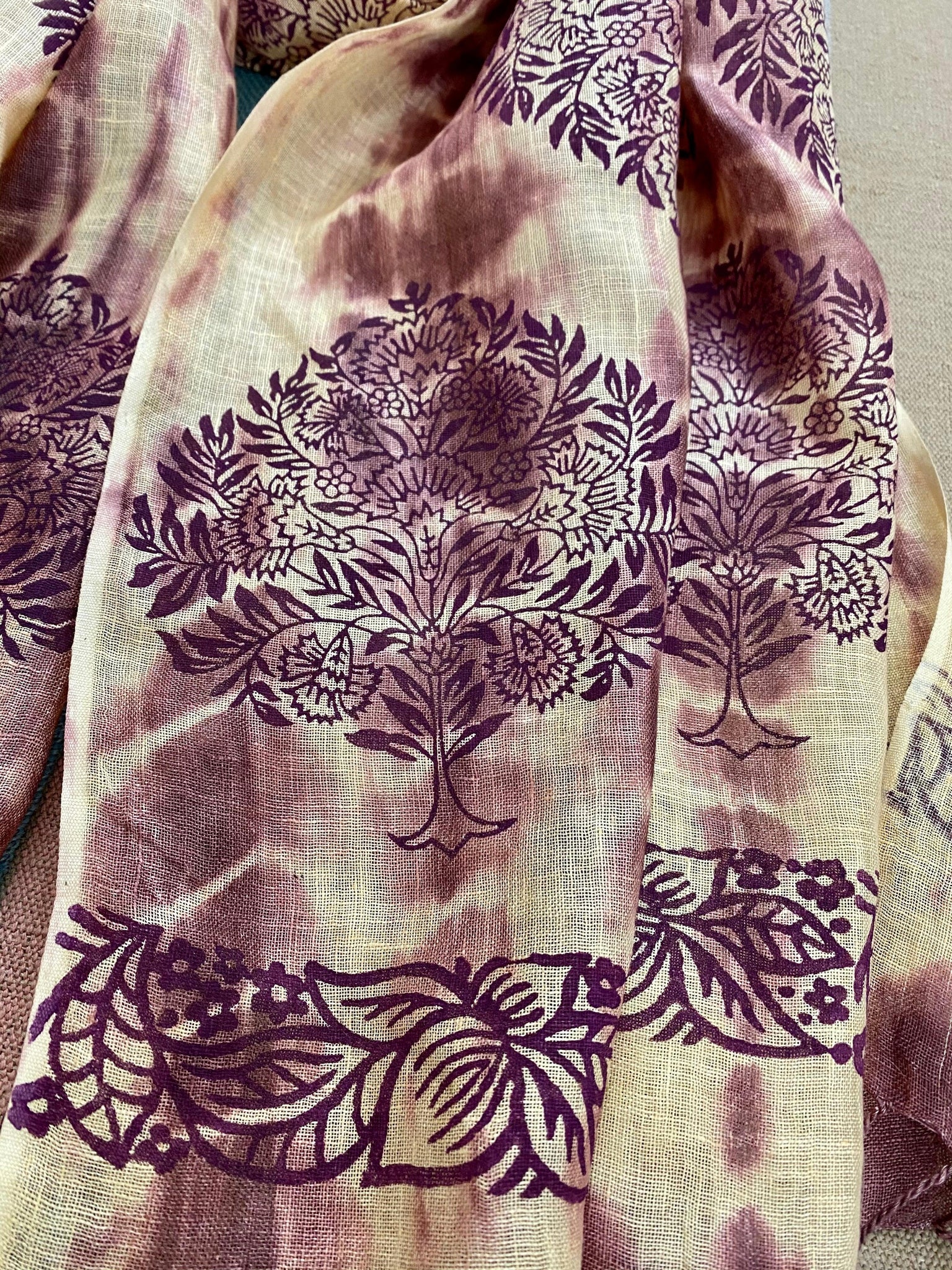 Purple Tale Block Printed on Pure Linen Scarf - Incense Art Studio