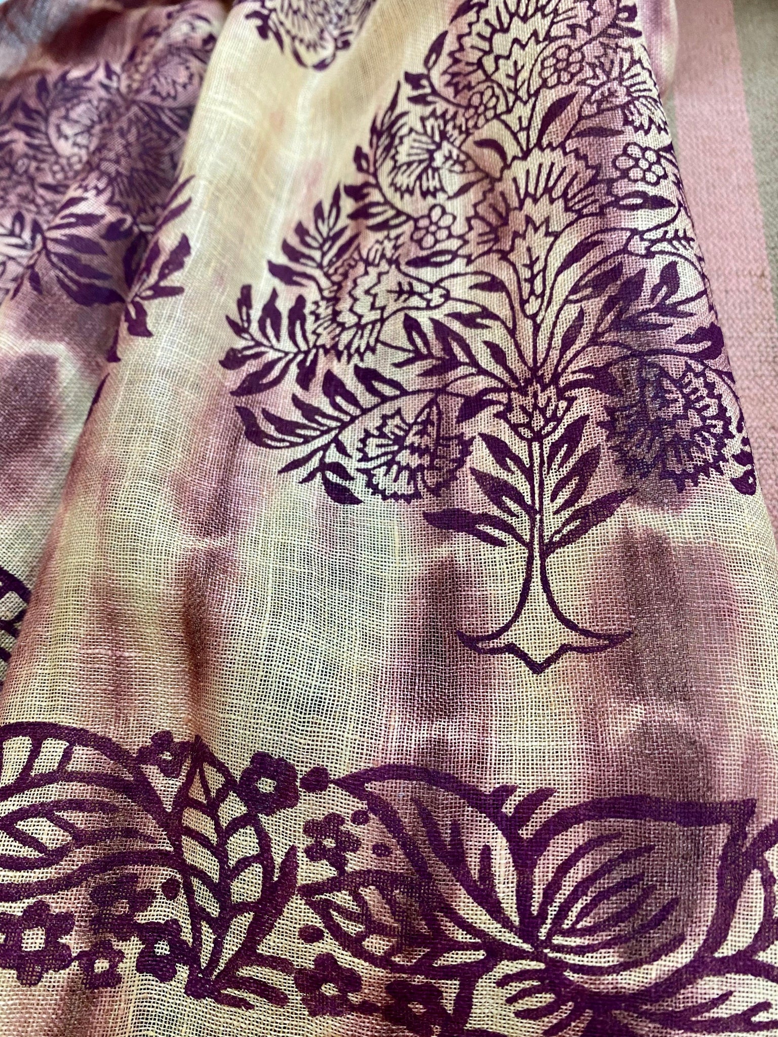 Purple Tale Block Printed on Pure Linen Scarf - Incense Art Studio