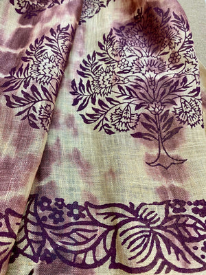 Purple Tale Block Printed on Pure Linen Scarf - Incense Art Studio