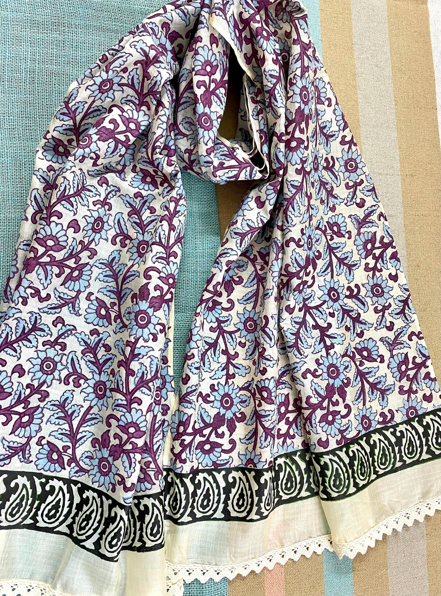 Sky blue & Purple Block Printed Tussar Silk Scarf - Incense Art Studio