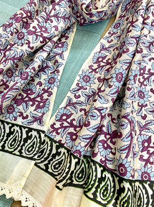 Sky blue & Purple Block Printed Tussar Silk Scarf - Incense Art Studio