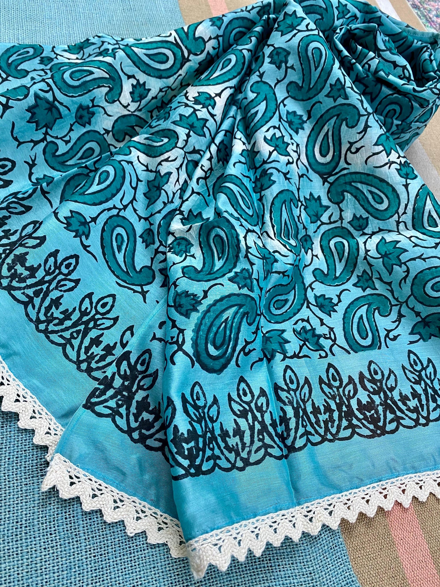 Teal Paisley Silk cotton Stole/ Scarf - Incense Art Studio