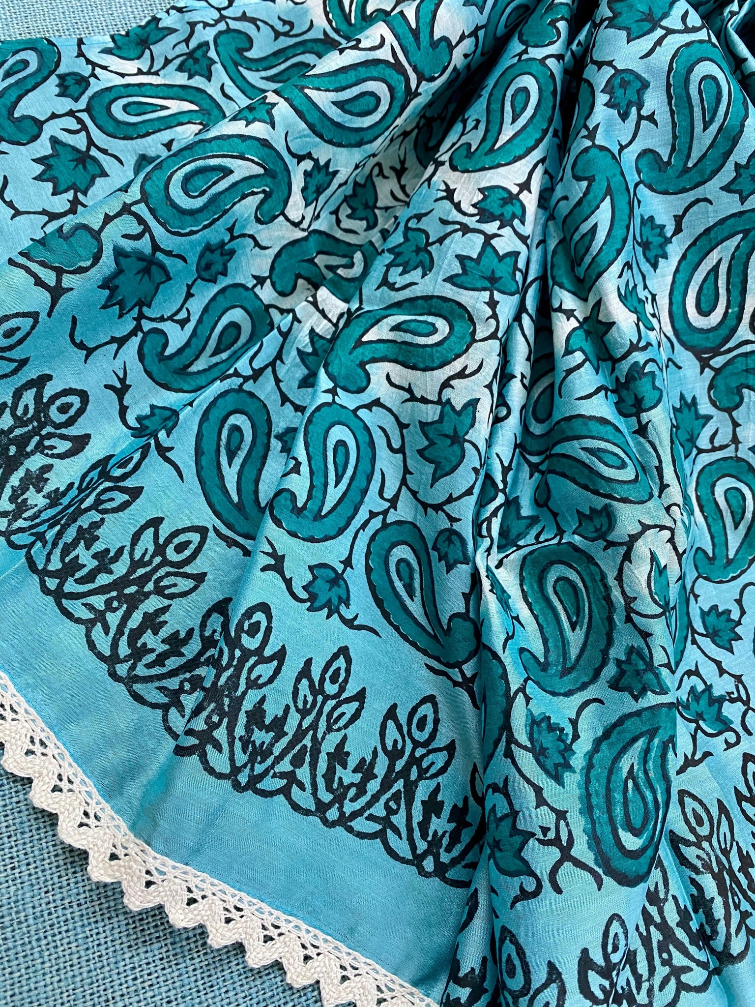 Teal Paisley Silk cotton Stole/ Scarf - Incense Art Studio