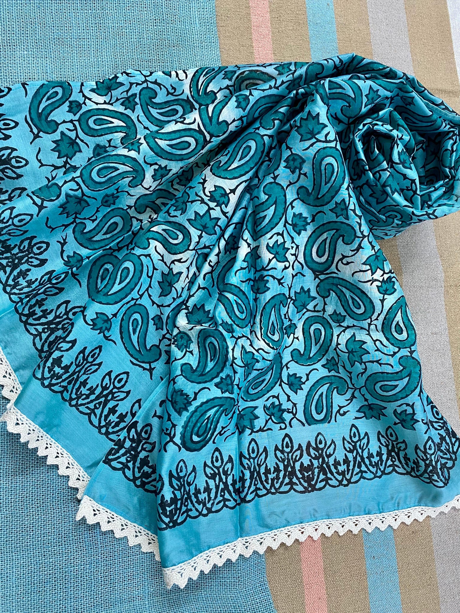 Teal Paisley Silk cotton Stole/ Scarf - Incense Art Studio