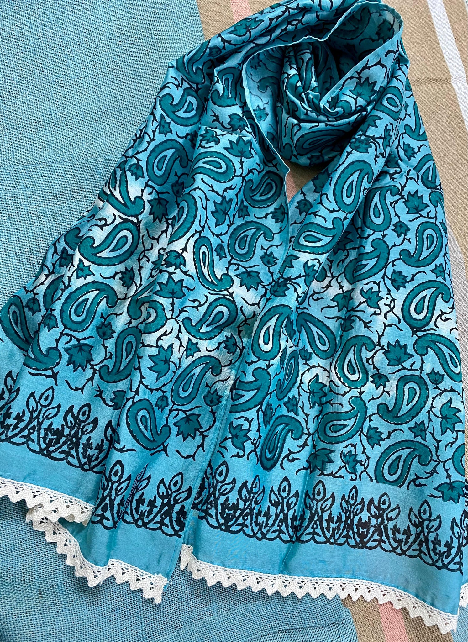 Teal Paisley Silk cotton Stole/ Scarf - Incense Art Studio