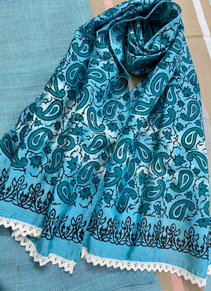 Teal Paisley Silk cotton Stole/ Scarf - Incense Art Studio