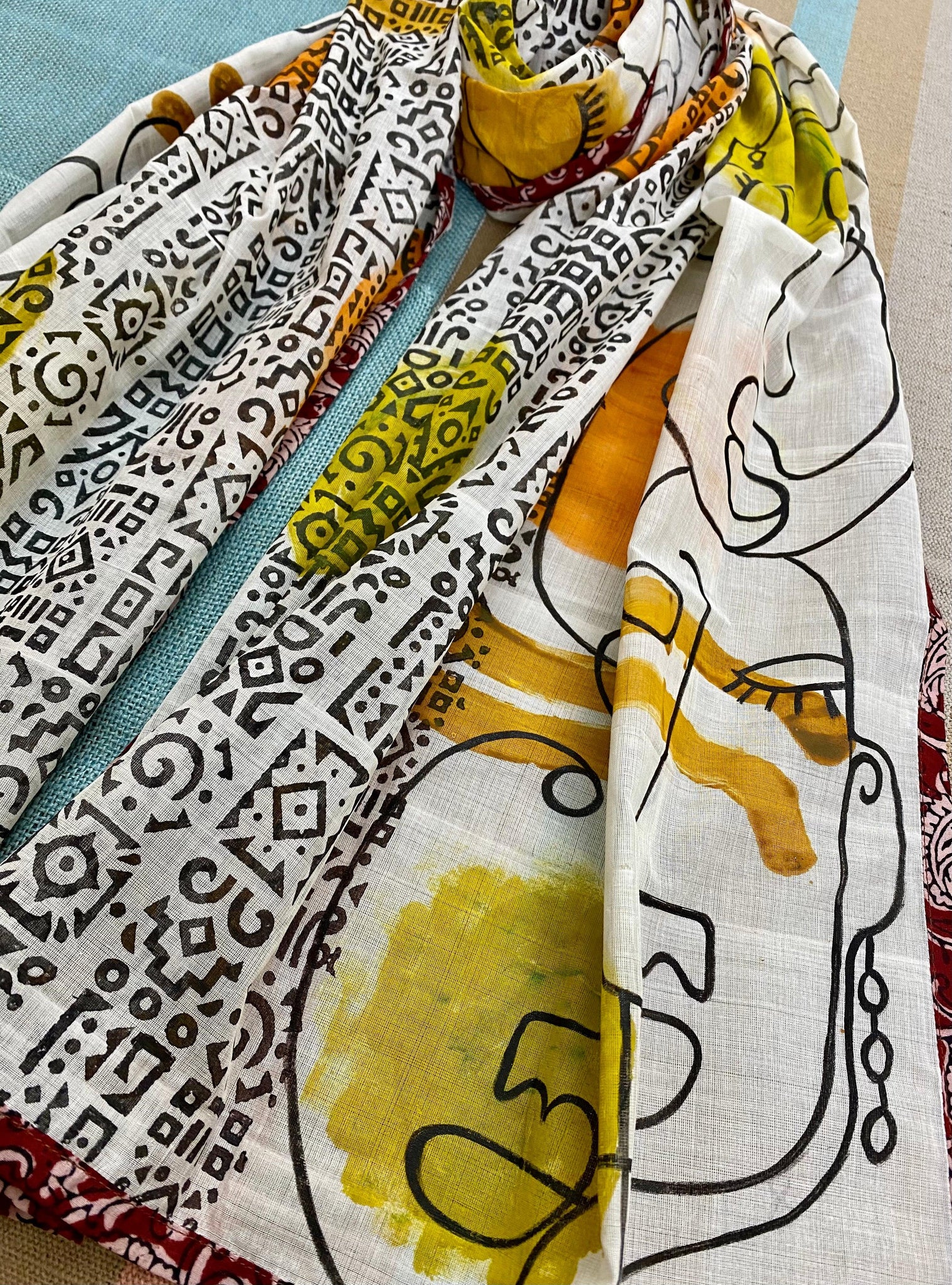 Tribal Story Hand Painted on Fine Cotton Scarf - Incense Art Studio