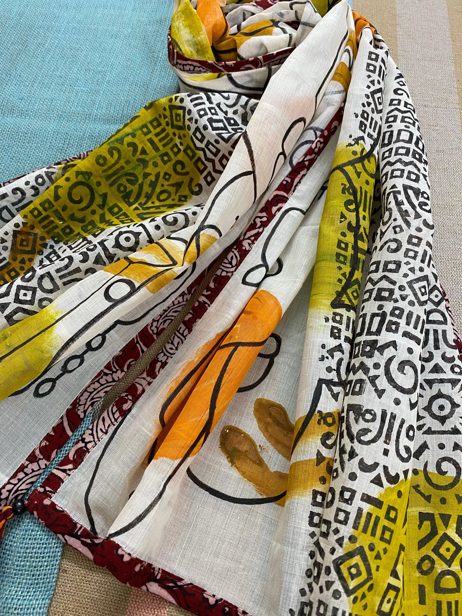 Tribal Story Hand Painted on Fine Cotton Scarf - Incense Art Studio