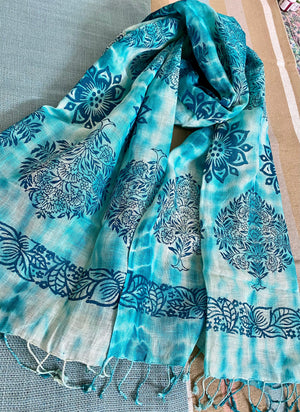 Turquoise tale - pure linen Stole /Scarf - Incense Art Studio