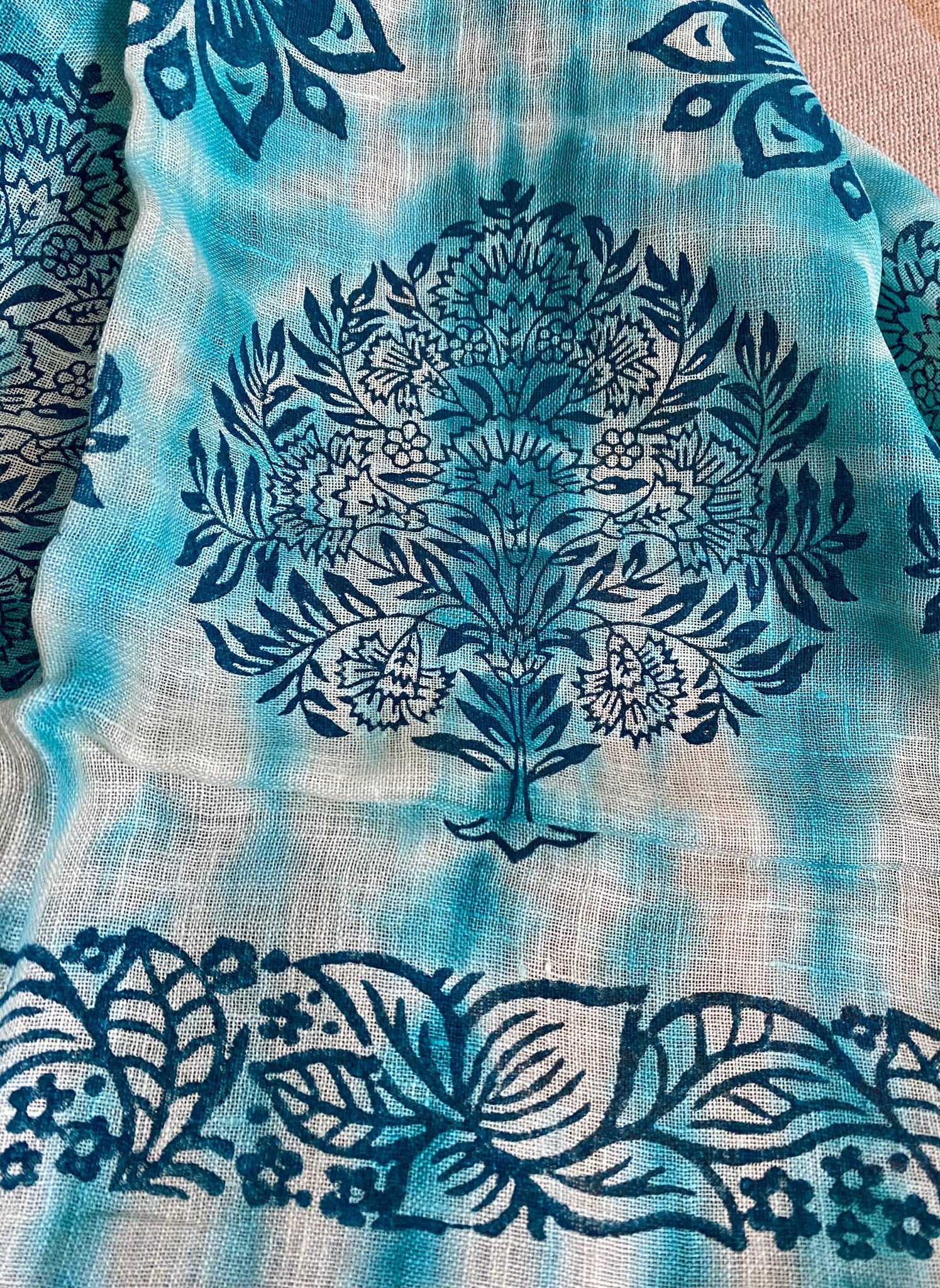 Turquoise tale - pure linen Stole /Scarf - Incense Art Studio