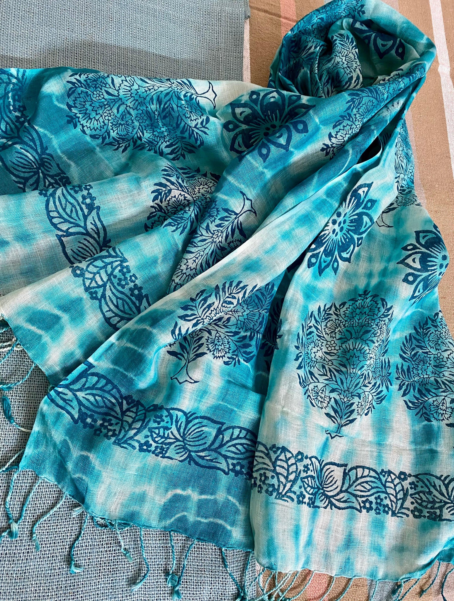 Turquoise tale - pure linen Stole /Scarf - Incense Art Studio