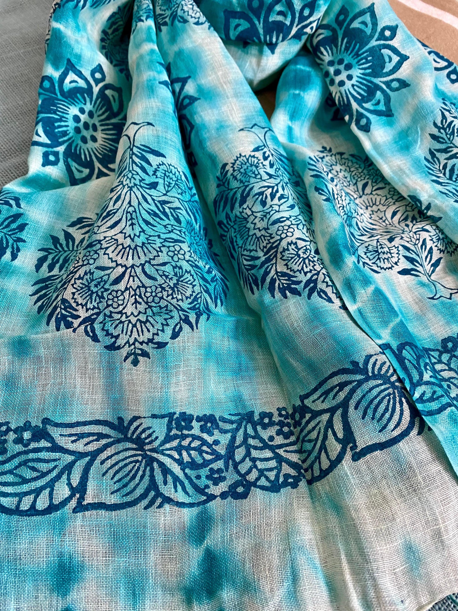 Turquoise tale - pure linen Stole /Scarf - Incense Art Studio